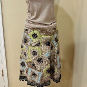 TALBOTS Sz 6 A-Line Midi Silk Linen Blend Skirt Brown I Green I Blue Geometric